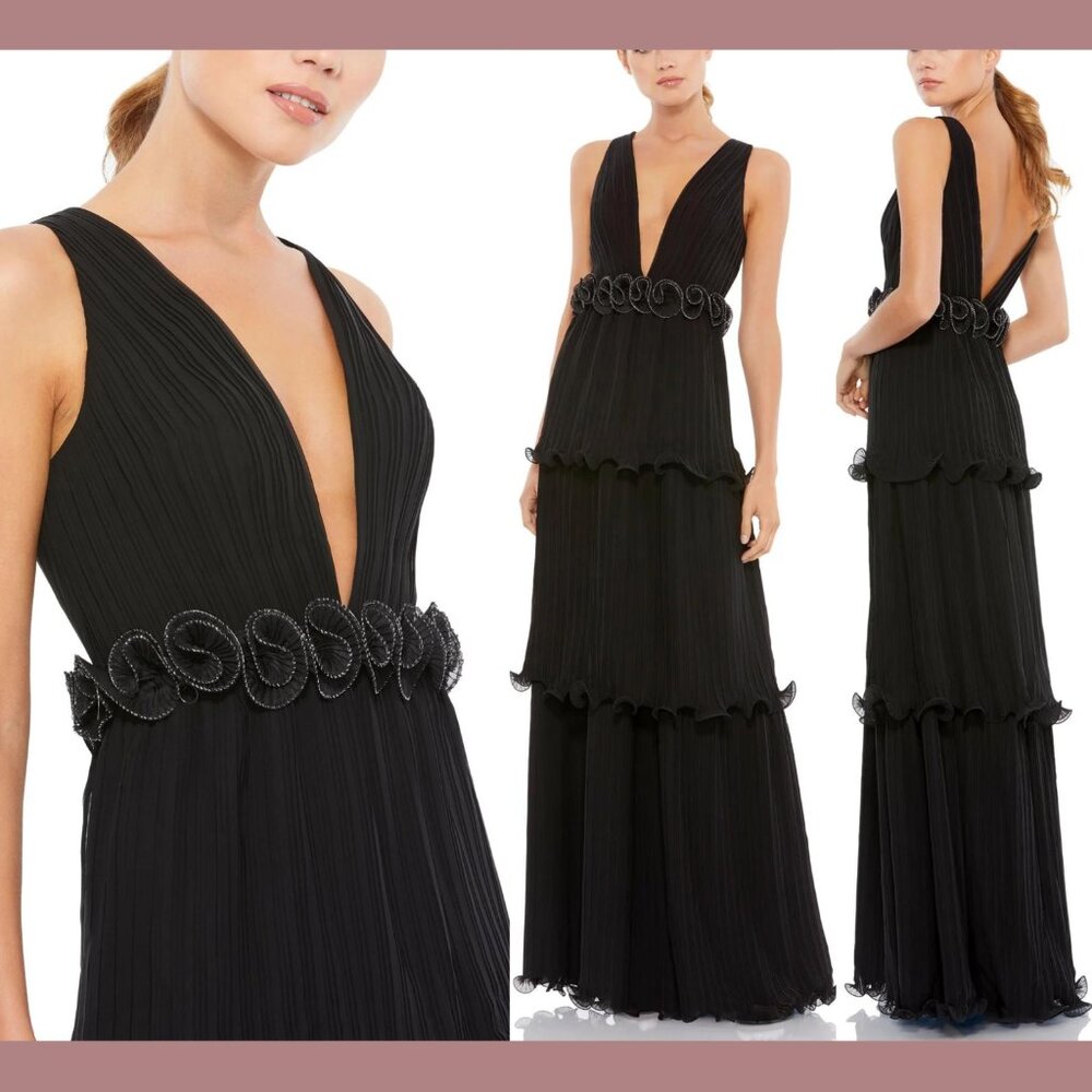 NWT‎ $398 IEENA Mac Duggal [ 4 ] Rosette Ruffle Layered Rosette Dress Gown black